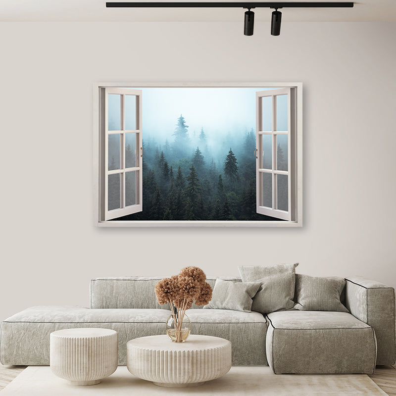 Deco panel print, Window view Forest in the fog nature