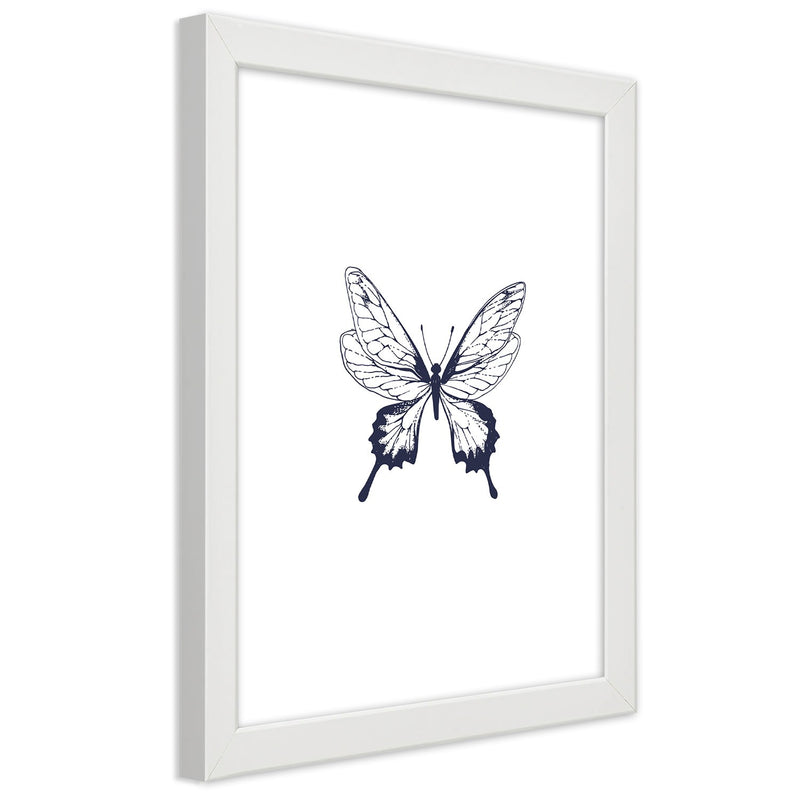 Picture in white frame, Drawn butterfly