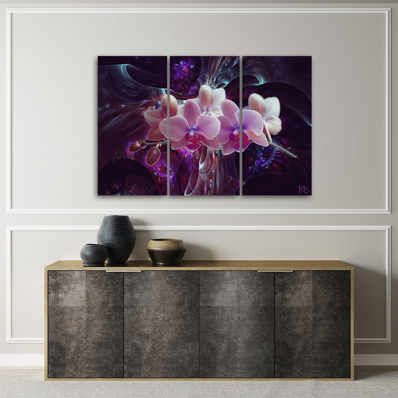 Three piece picture deco panel, White orchid on dark background