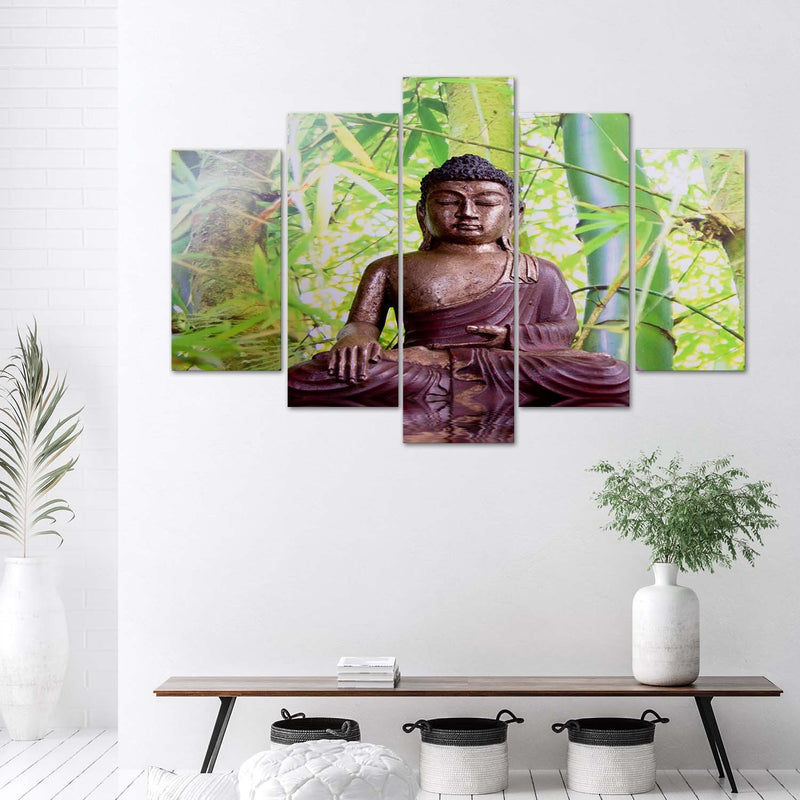Five piece picture canvas print, Buddha on a background of bamboo