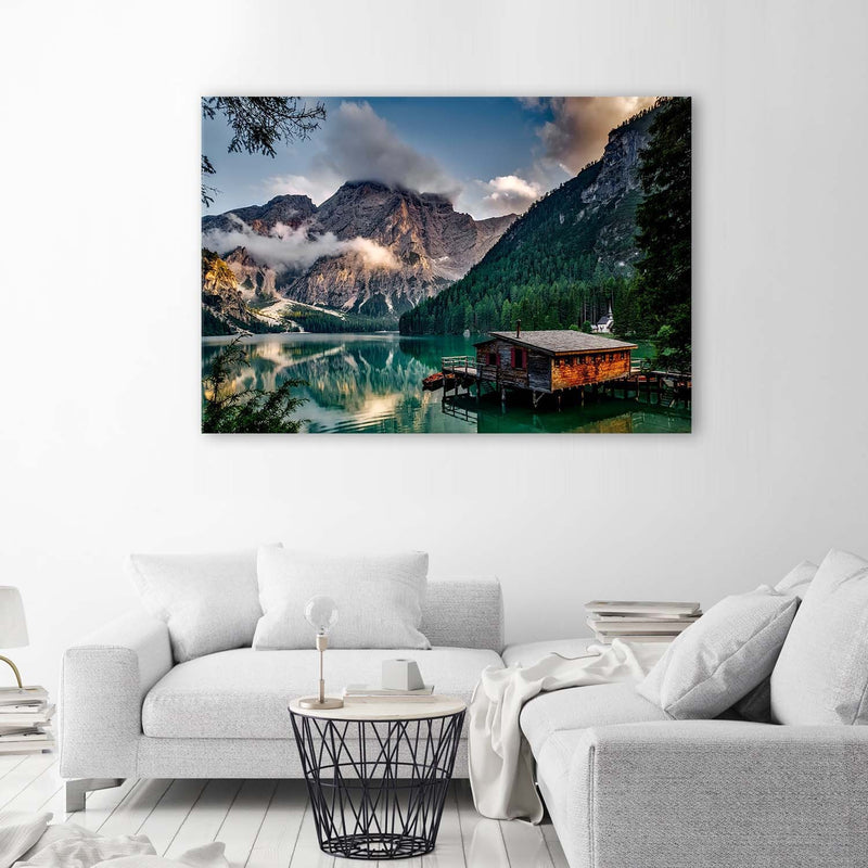 Canvas print, Cottage on a lake in the mountains
