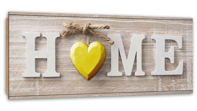 Deco panel print, Home with a yellow heart on light wood