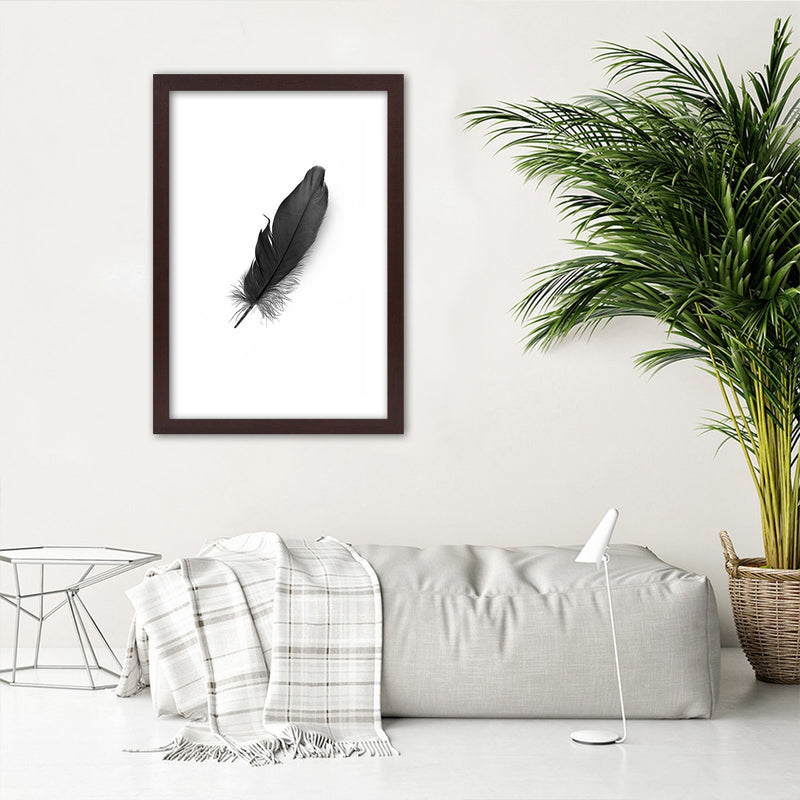 Picture in brown frame, Black feather