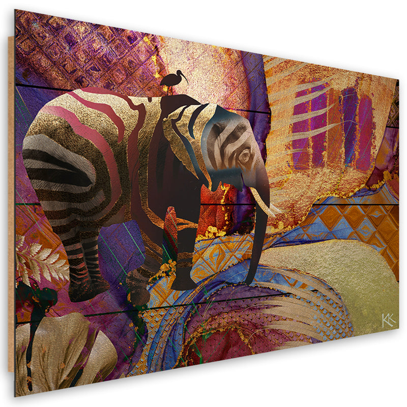 Impresión de panel decorativo, elefante dorado sobre fondo abstracto
