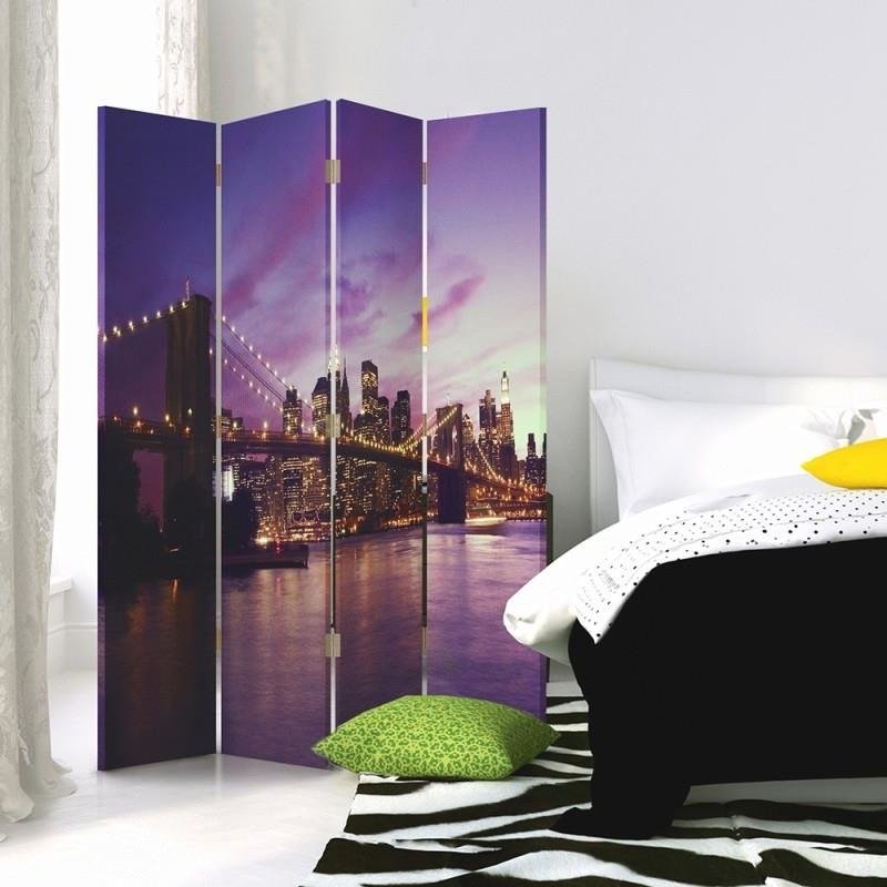 Room divider Double-sided, Manhattan submerged in purple