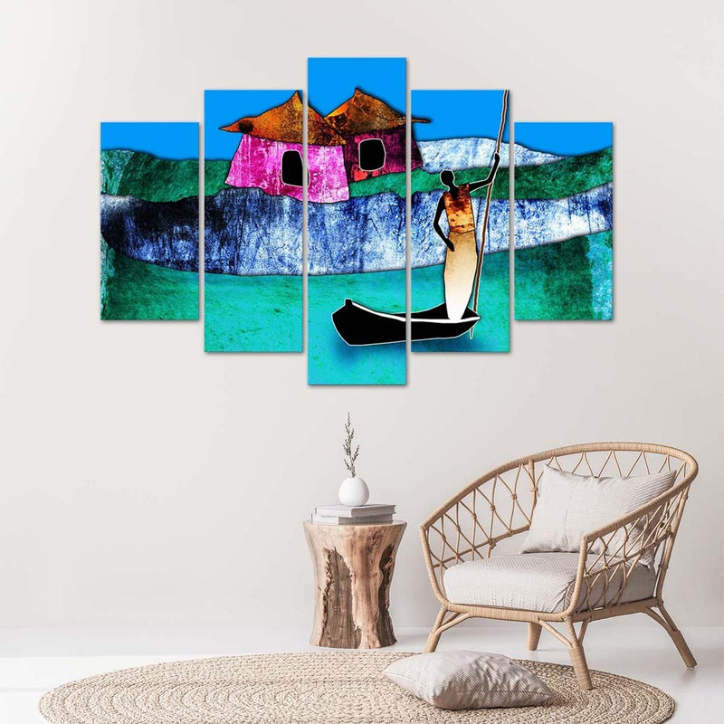 Five piece picture canvas print, Woman in a boat
