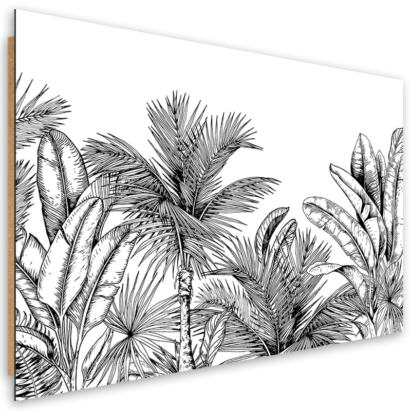 Panel decorativo estampado, hojas en blanco y negro.