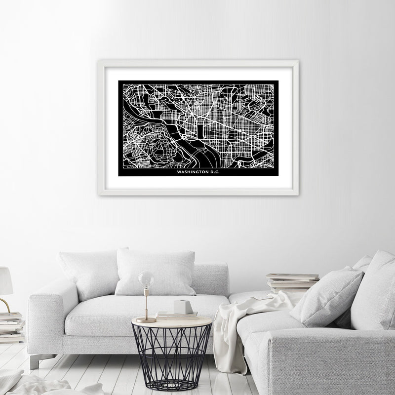Cuadro en marco blanco, plano de la ciudad de washington.