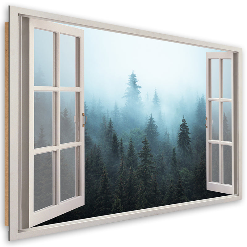 Deco panel print, Window view Forest in the fog nature