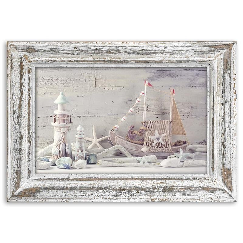 Impresión de panel decorativo, Recuerdos junto al mar en un marco de madera shabby chic