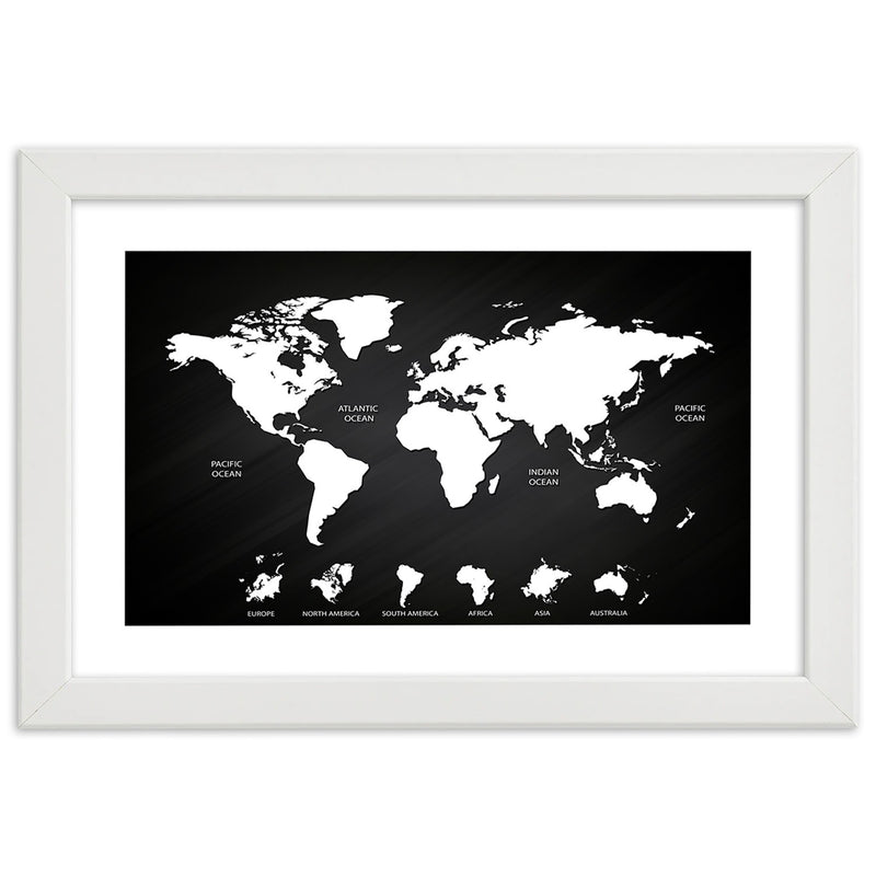 Imagen en marco blanco, mapa mundial contrastante y continentes