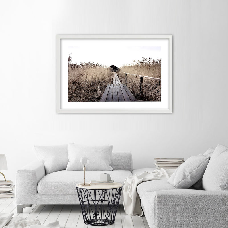 Picture in white frame, Old pier in high reeds