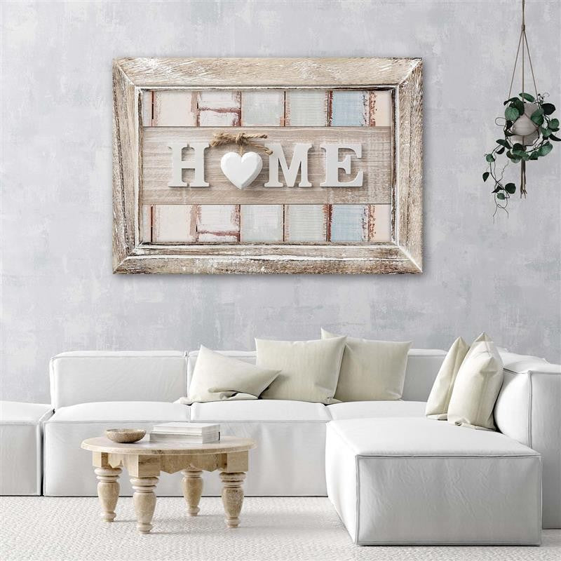 Deco panel print, Home inscription with heart in vintage style frame