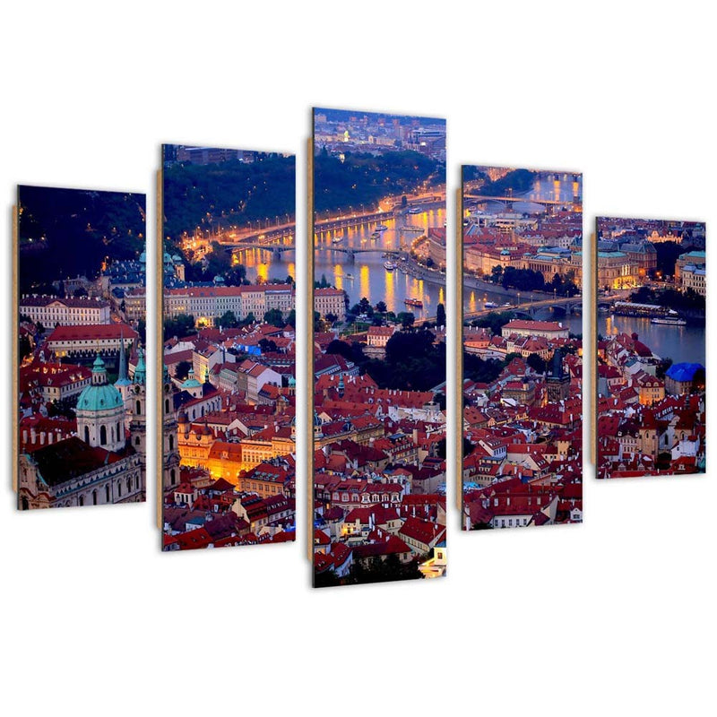 Five piece picture deco panel, Prague at dusk
