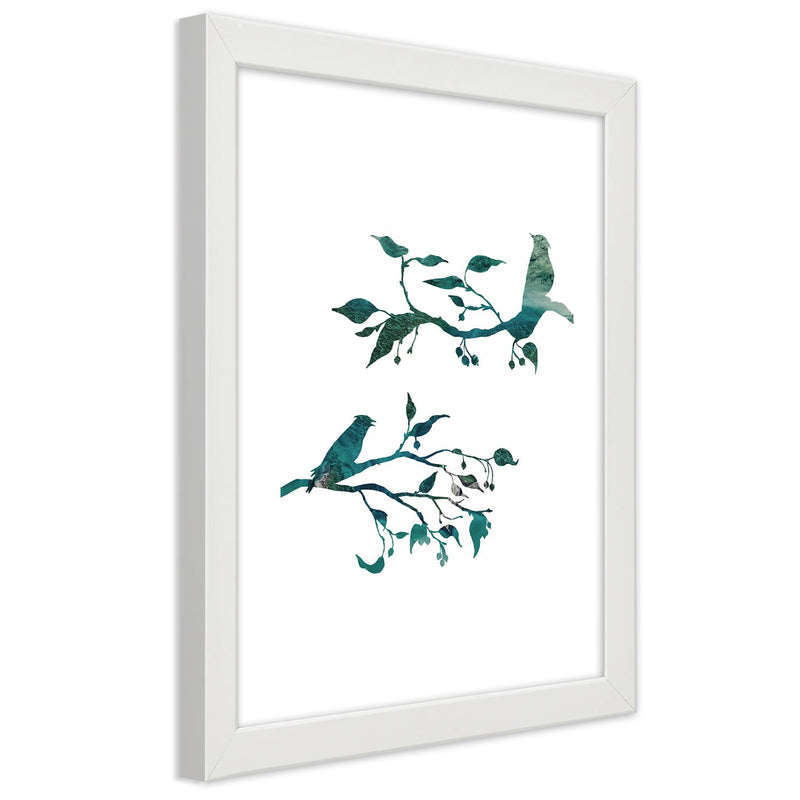 Picture in white frame, Birds on branches