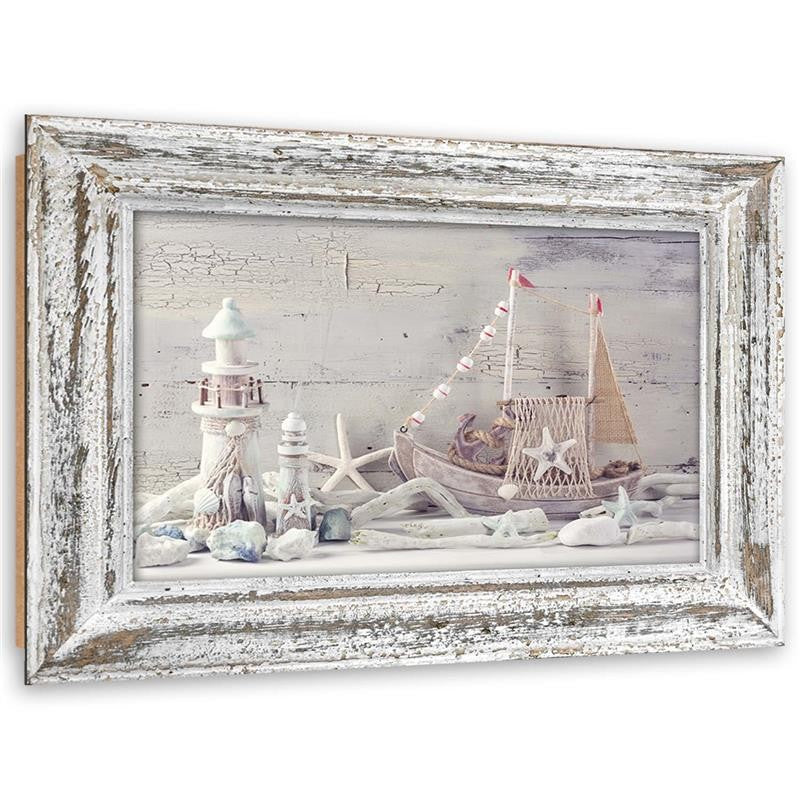 Impresión de panel decorativo, Recuerdos junto al mar en un marco de madera shabby chic