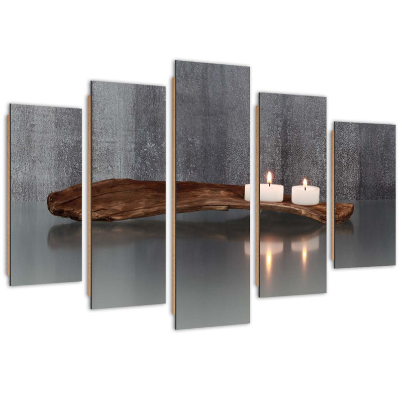 Five piece picture deco panel, Zen composition with candles and wood