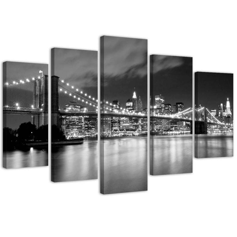 Cuadro en lienzo de cinco piezas, Puente de Brooklyn de noche en blanco y negro