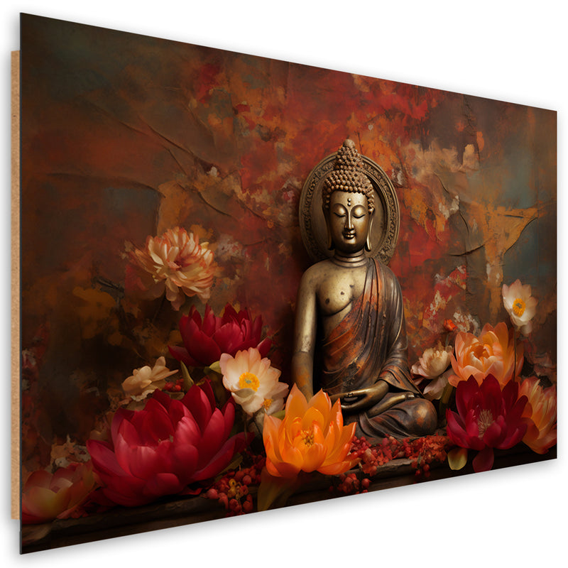 Deco panel picture, Meditating Buddha and colourful flowers
