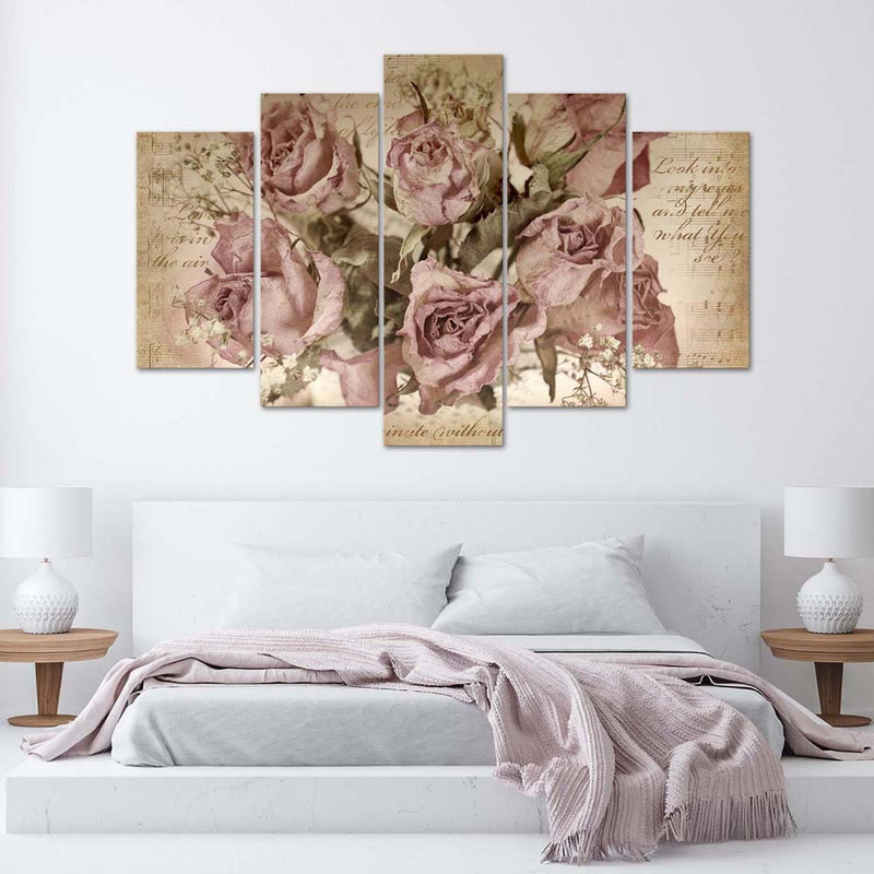 Panel decorativo con cuadros de cinco piezas, Rosas y notas