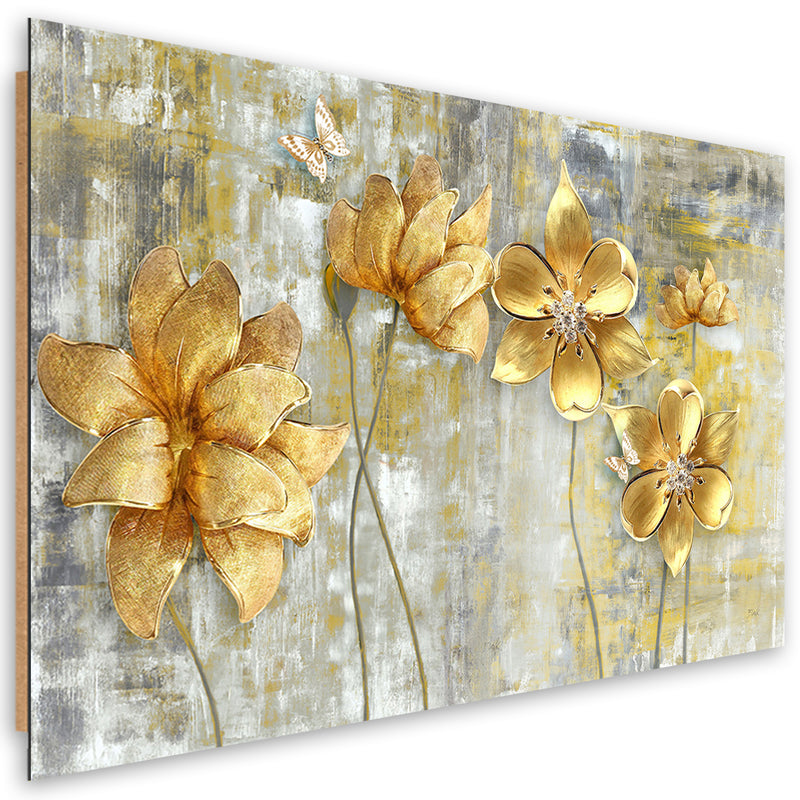 Panel decorativo estampado, flores y mariposas doradas.
