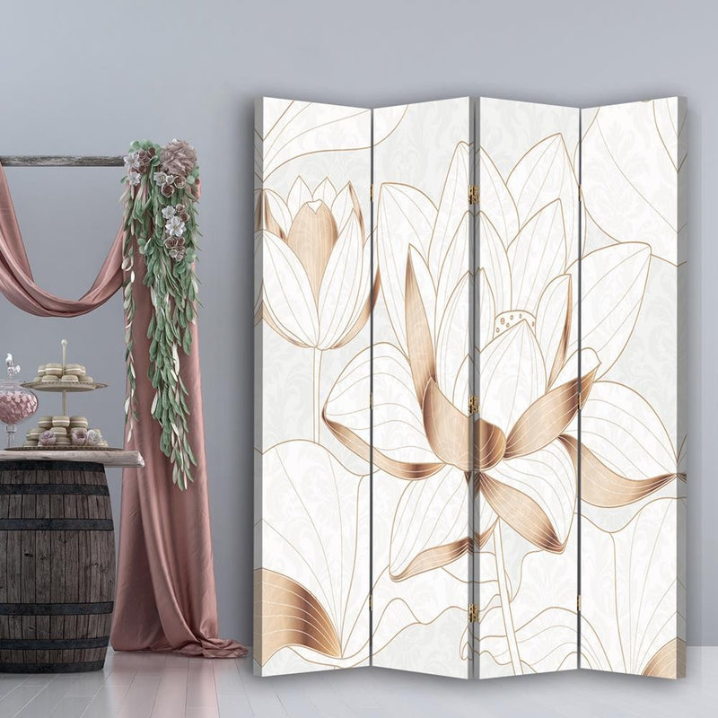 Room divider Double-sided rotatable, Lotus flower in beige