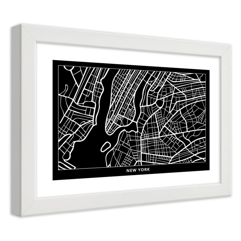 Imagen en marco blanco, plano de la ciudad de Nueva York.