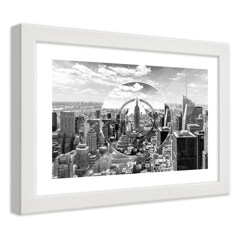Picture in white frame, View of skyscrapers