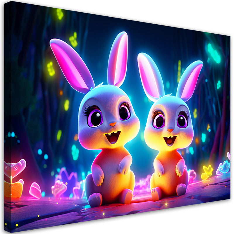 Canvas print, Cartoon bunnies neon