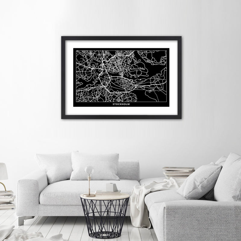 Picture in black frame, City plan stockholm