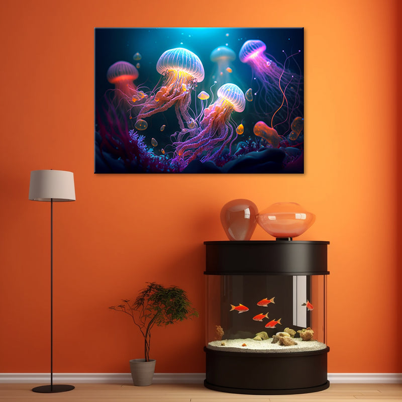 Impresión de panel decorativo, abstracción de neón de medusas