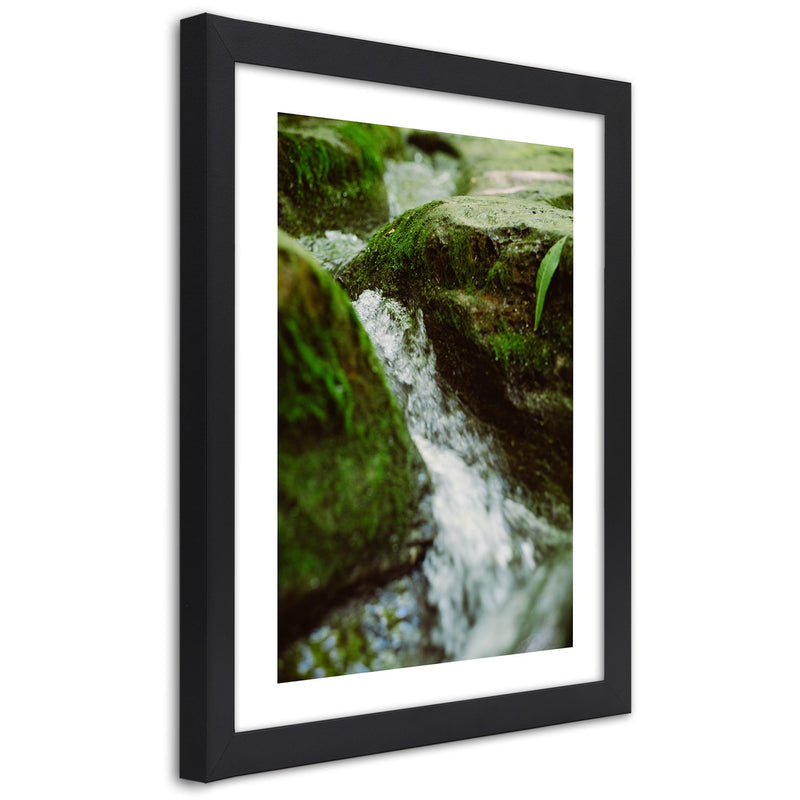 Picture in black frame, Rushing river