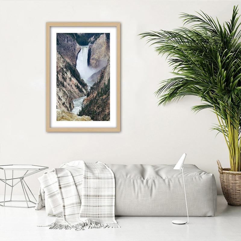 Picture in natural frame, Great waterfall in the mountains