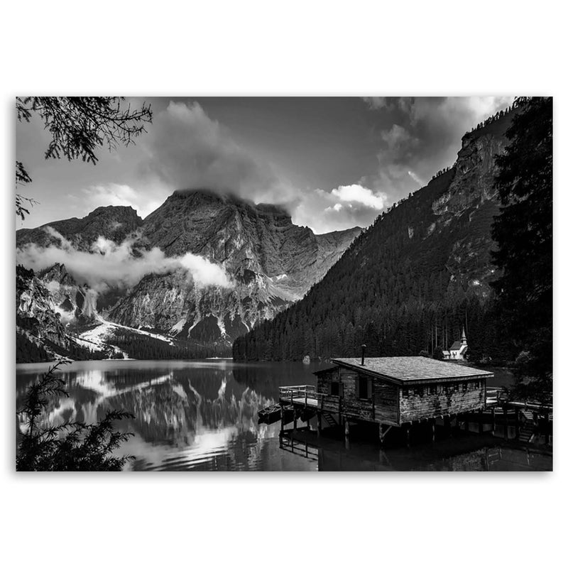 Canvas print, Mountain lakeside cabin - black and white