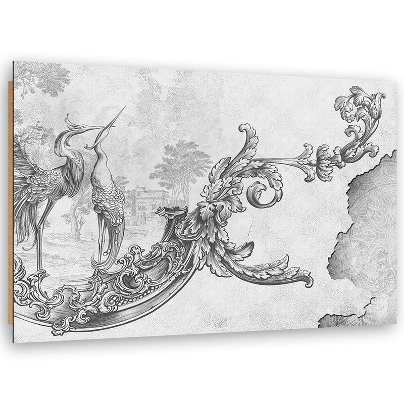 Deco panel print, Wild birds and leaves on oriental fresco