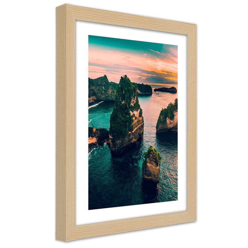 Picture in natural frame, Rocks in the turquoise ocean