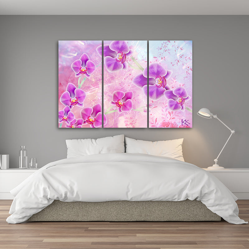 Impresión en lienzo con imagen de tres piezas, resumen de flores de orquídeas