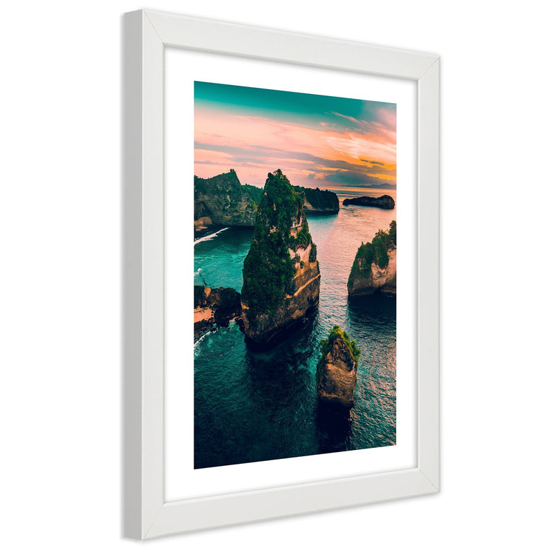 Picture in white frame, Rocks in the turquoise ocean