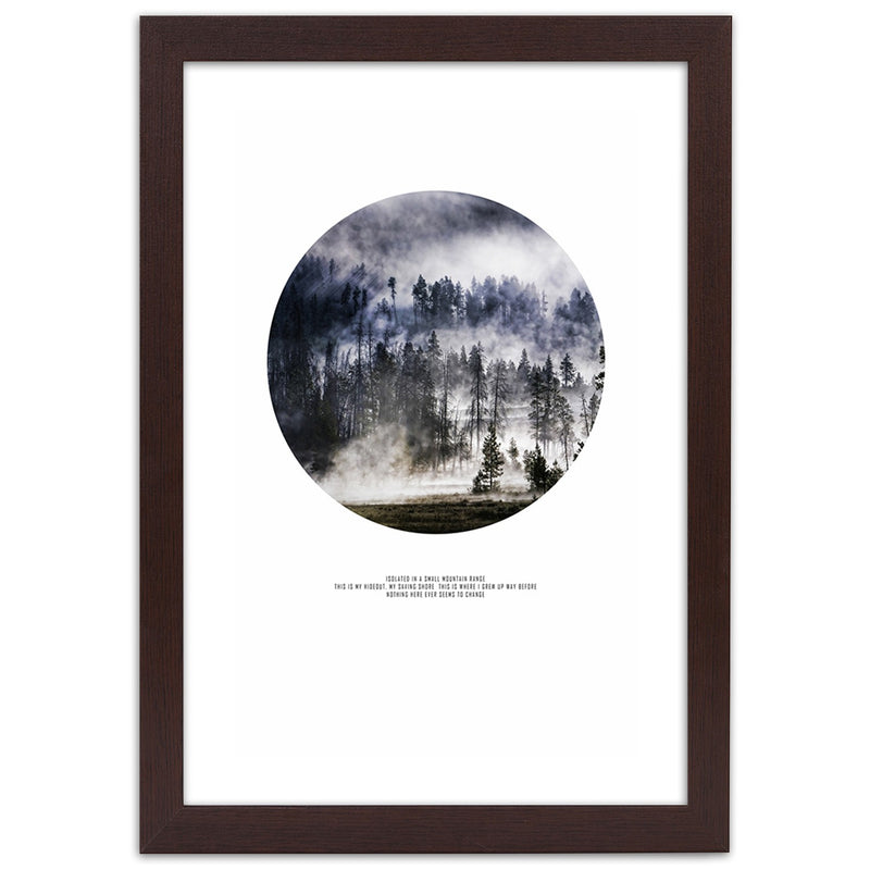 Cuadro en marco marrón, Bosque en niebla