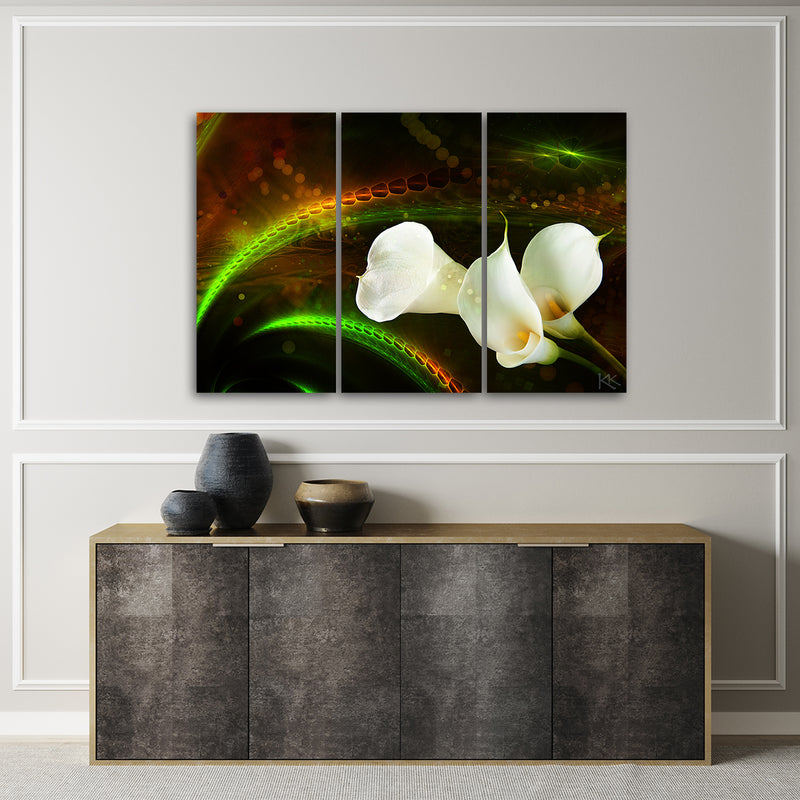Three piece picture canvas print, BiaÅ‚e kwiaty na brÄ…zowym tle