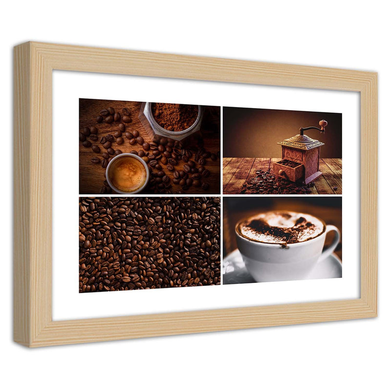 Imagen en marco natural, molinillo de granos de café y café.