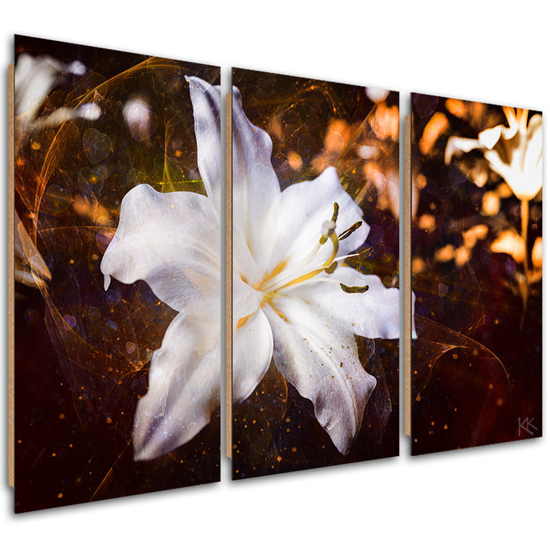 Three piece picture deco panel, White lily on brown background