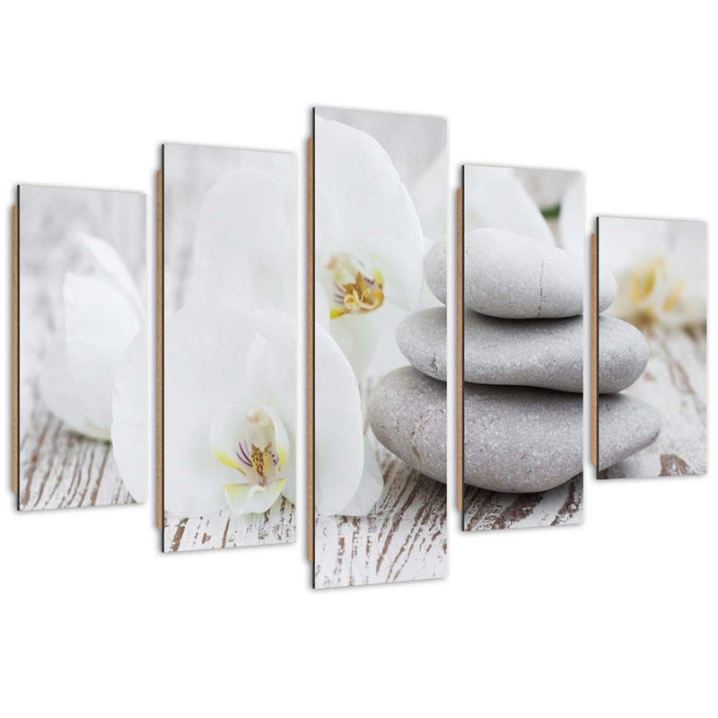 Five piece picture deco panel, White zen orchid and stones