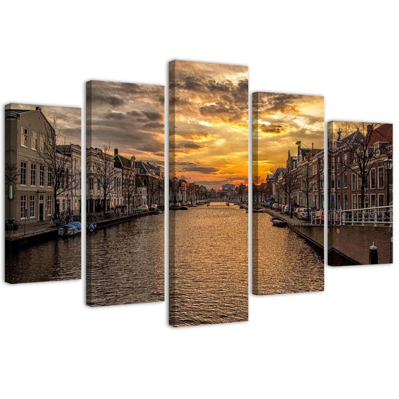Five piece picture canvas print, City by the river