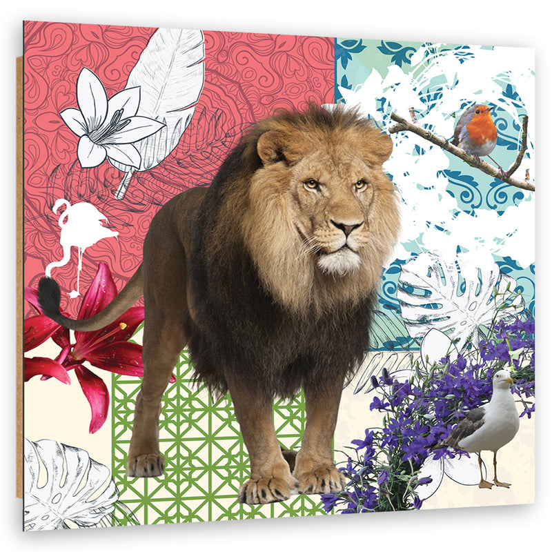Panel decorativo estampado, collage de leones y pájaros