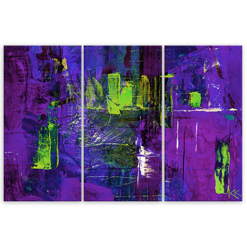 Panel decorativo con cuadro de tres piezas, violeta abstracto pintado a mano