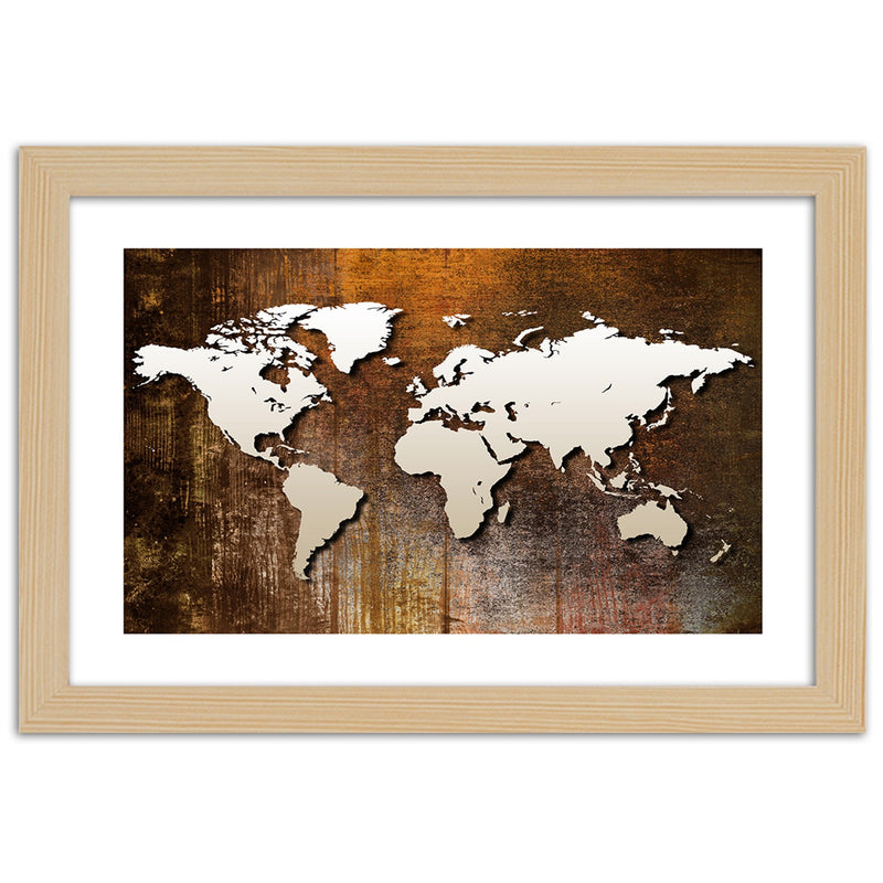 Cuadro en marco natural, Mapa mundial sobre madera.