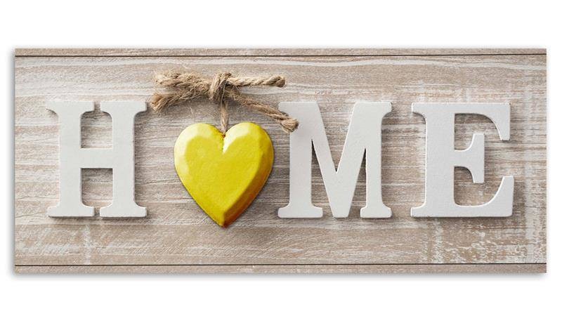 Canvas print, Home inscription with a yellow heart on light wood