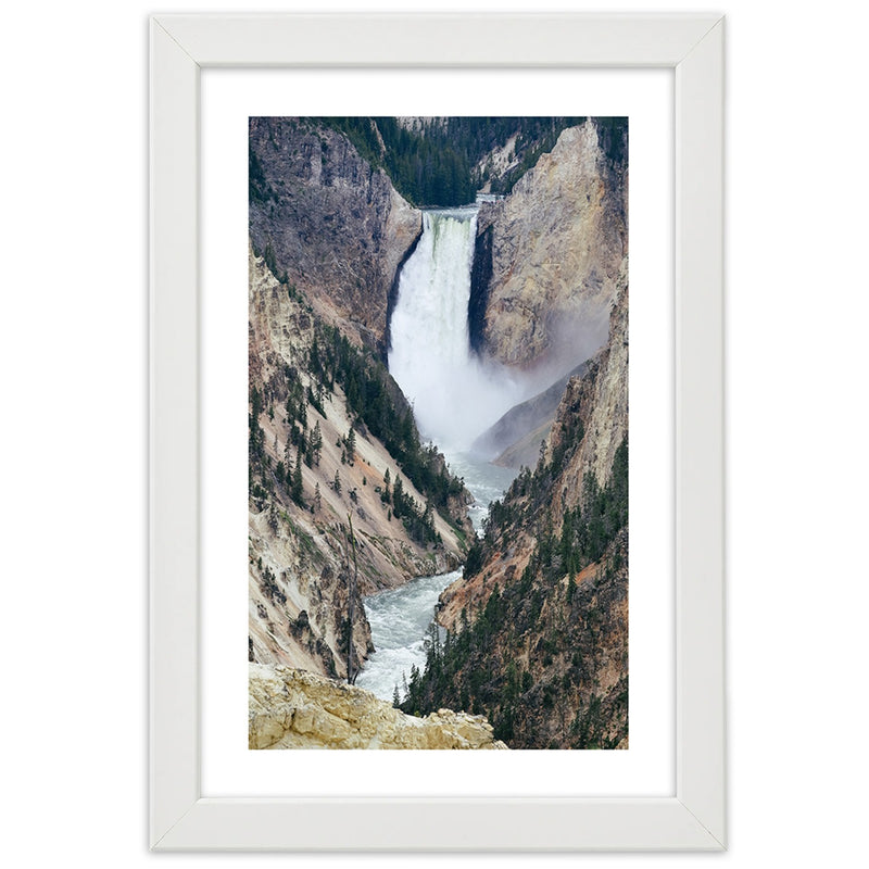 Picture in white frame, Great waterfall in the mountains
