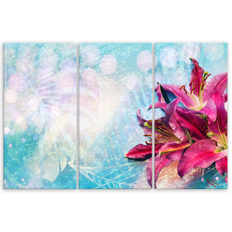Three piece picture deco panel, Pink flowers on blue background